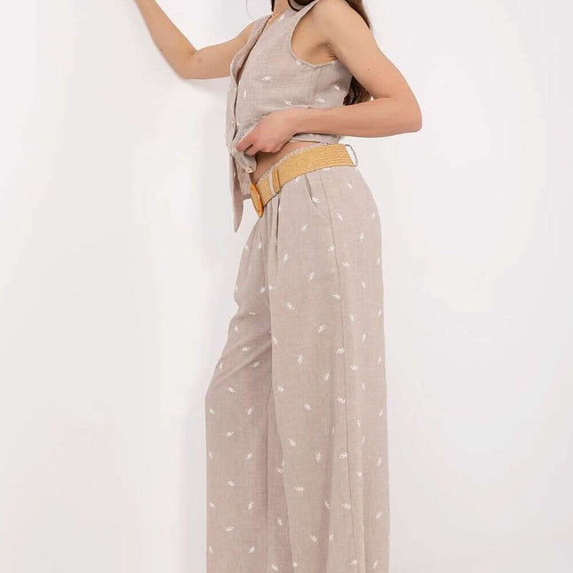 Beige Set With Sleeveless Vest And Wide Leg Trousers