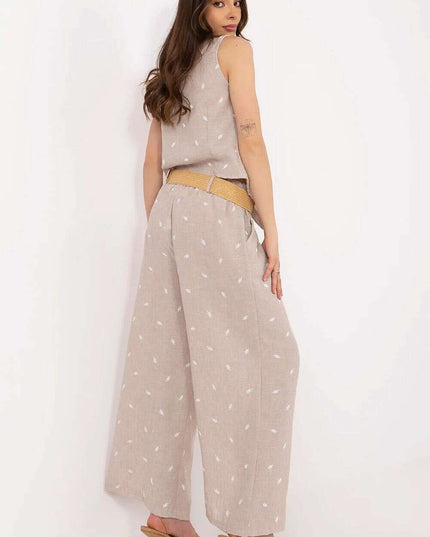 Beige Set With Sleeveless Vest And Wide Leg Trousers