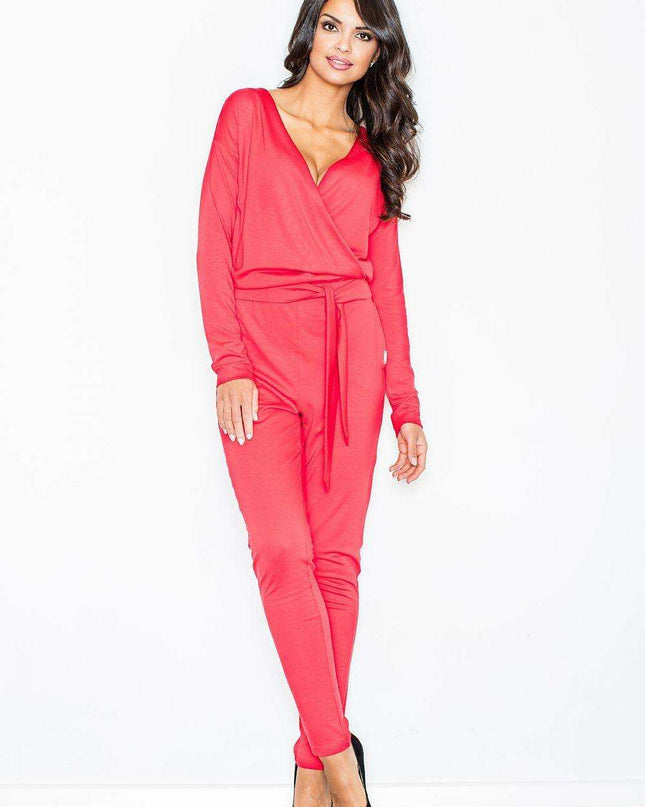 Sophisticated V-Neck Jumpsuit with Adjustable Waist Belt - Effortless Elegance