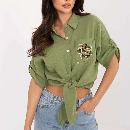 Green Cotton Womens Shirt With Tie Hem ThreeQuarterSleeves