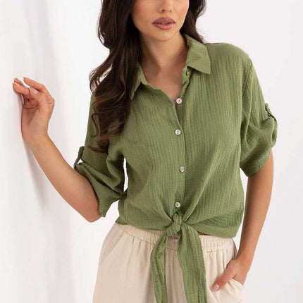Green Cotton Casual Womens Shirt Three Quarter Sleeve