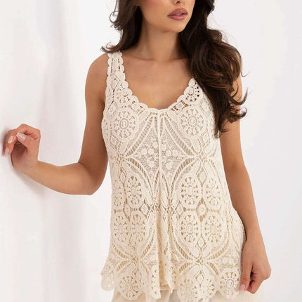 Boho Two Piece Openwork Blouse Set 213447 Beige Cotton