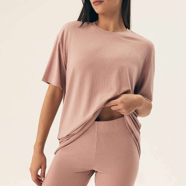 Women’s Ribbed Pajama Set – Breathable, Loose Fit Top & Shorts