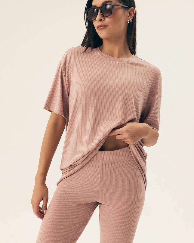 Women’s Ribbed Pajama Set – Breathable, Loose Fit Top & Shorts