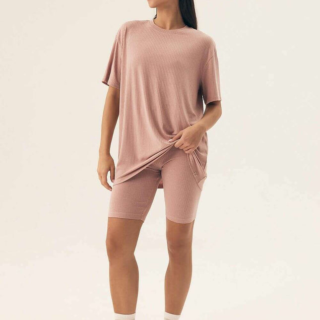 Women’s Ribbed Pajama Set – Breathable, Loose Fit Top & Shorts