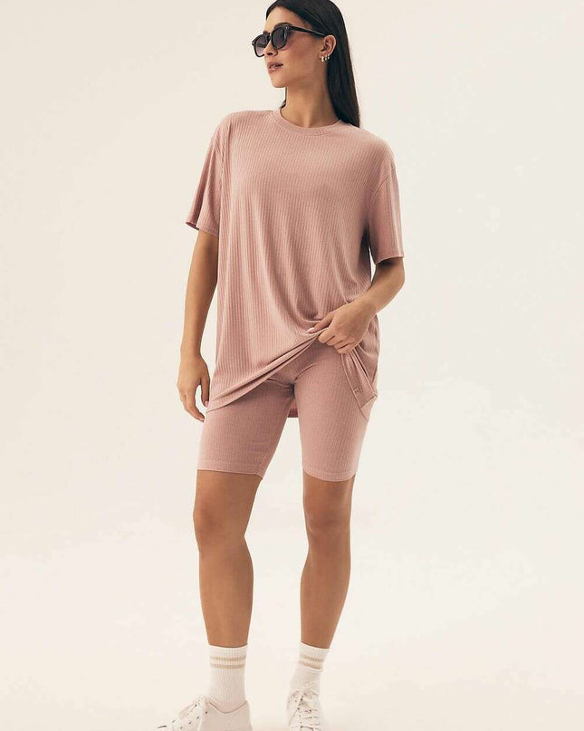 Women’s Ribbed Pajama Set – Breathable, Loose Fit Top & Shorts