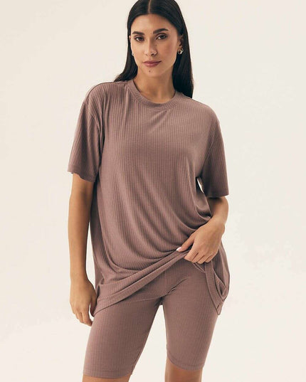 Women’s Ribbed Pajama Set – Breathable, Loose Fit Top & Shorts