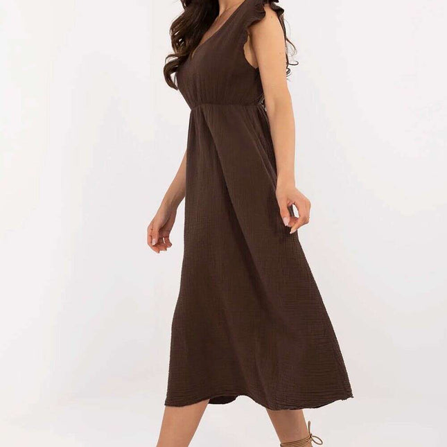 Brown Cotton Daydress Midi With Flared Silhouette Light