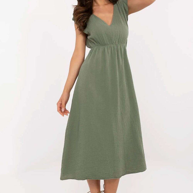 Green Daydress Midi With Flared Silhouette Soft Cotton