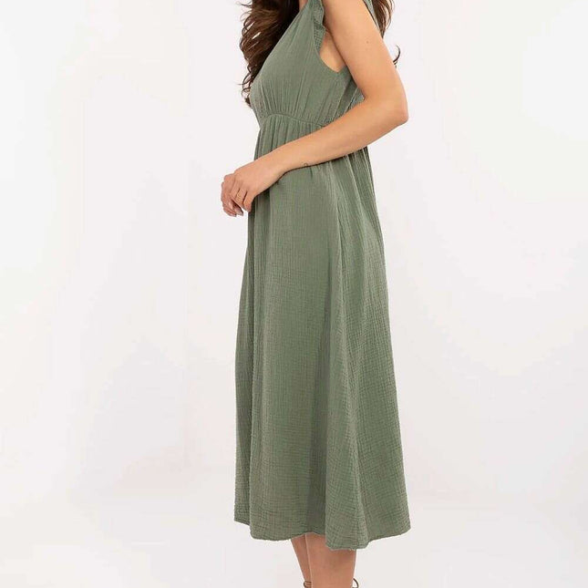Green Daydress Midi With Flared Silhouette Soft Cotton