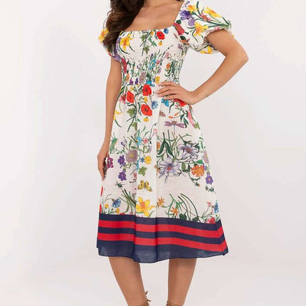 Beige Daydress 213609 Flared Linen Polyester Blend Womens