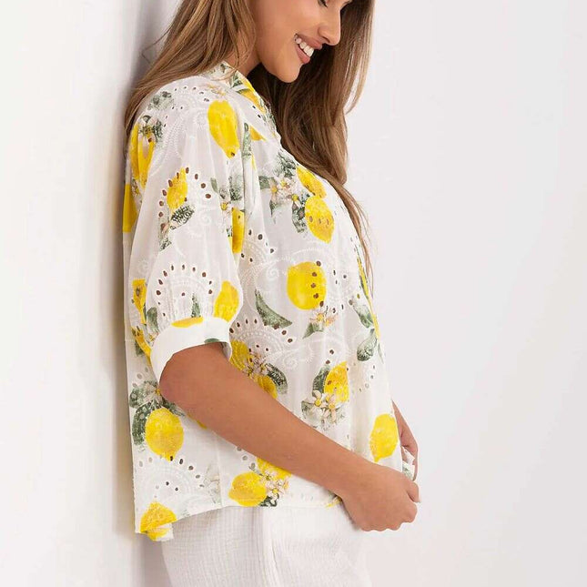 Beige Cotton Casual Short Sleeve Shirt 213782 For Women