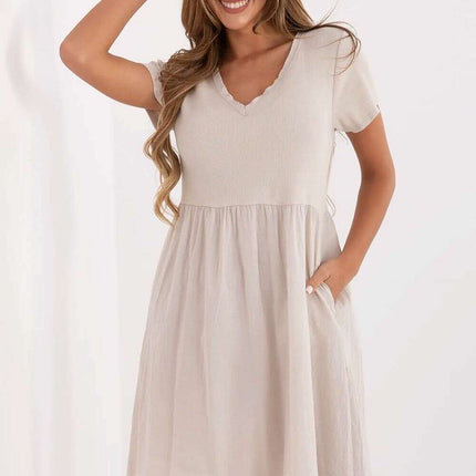 Beige Daydress 213788 Flared Cotton Elastane Midi Dress