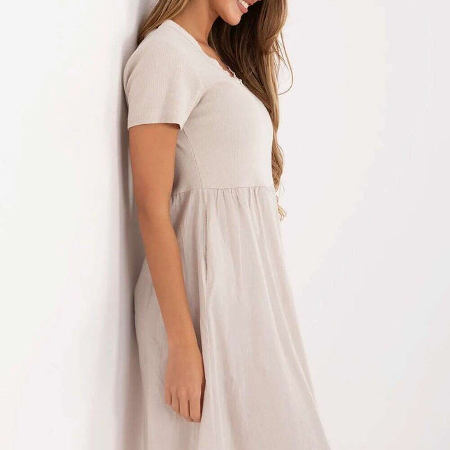 Beige Daydress 213788 Flared Cotton Elastane Midi Dress