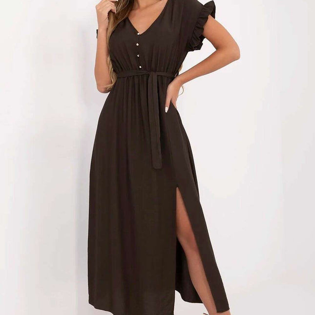 Brown Daydress Midi Flared Viscose Summer Dress For Women