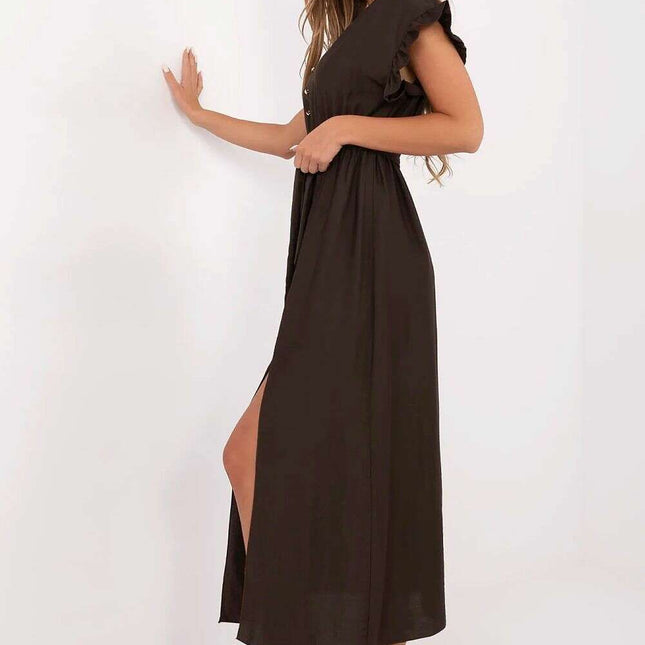 Brown Daydress Midi Flared Viscose Summer Dress For Women