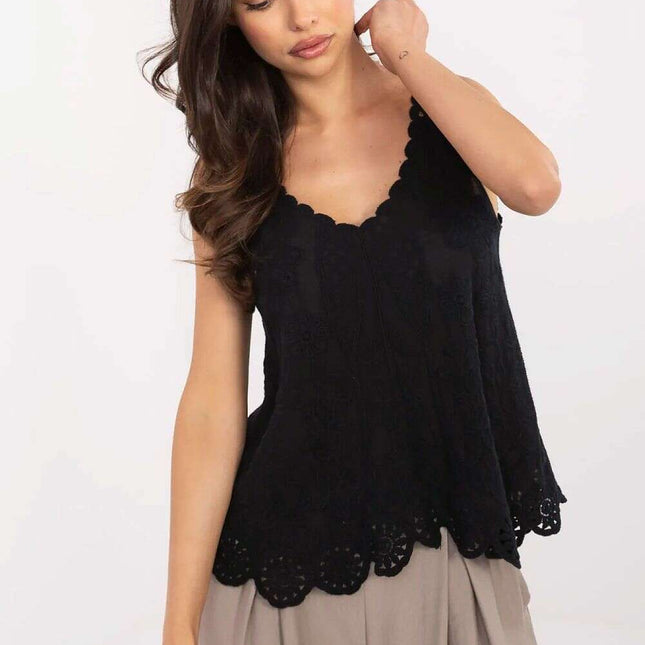 Black Cotton Boho Camisole Blouse For Everyday Wear V Neck