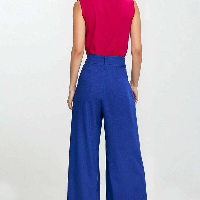 Blue High Waisted Linen Blend Trousers With Pleats