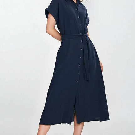 Blue Day Dress With Linen Rayon Relaxed Fit Knee Length