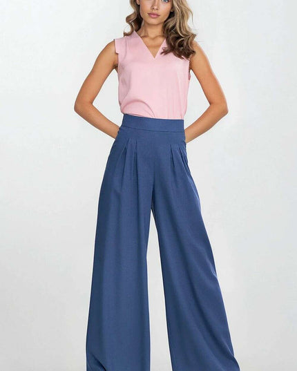 Navy Blue V Neck Sleeveless Blouse With Pleated Trim