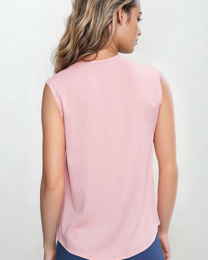 Navy Blue V Neck Sleeveless Blouse With Pleated Trim