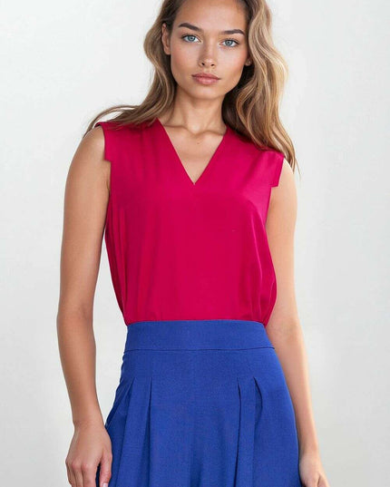 Navy Blue V Neck Sleeveless Blouse With Pleated Trim