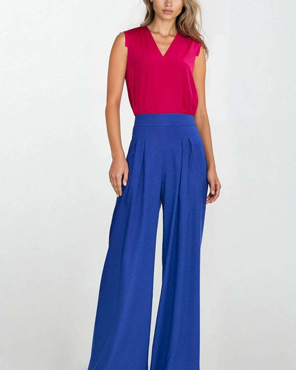 Navy Blue V Neck Sleeveless Blouse With Pleated Trim