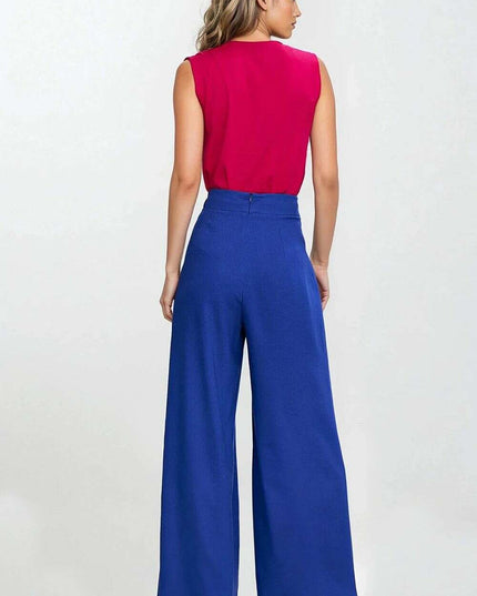 Navy Blue V Neck Sleeveless Blouse With Pleated Trim