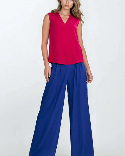 Navy Blue V Neck Sleeveless Blouse With Pleated Trim