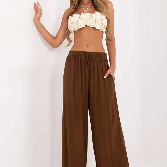 Brown Womens Palazzo Pants High Waist With Tie Breathable