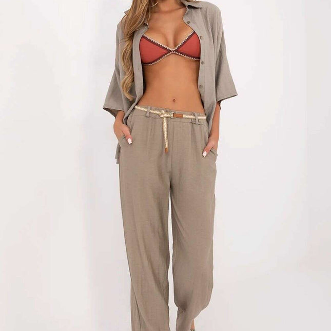 Boho Women Wide Leg Trousers Beige Viscose Linen 214060