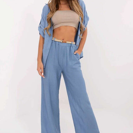 Blue Boho Wide Leg Trousers Women High Waist 214062