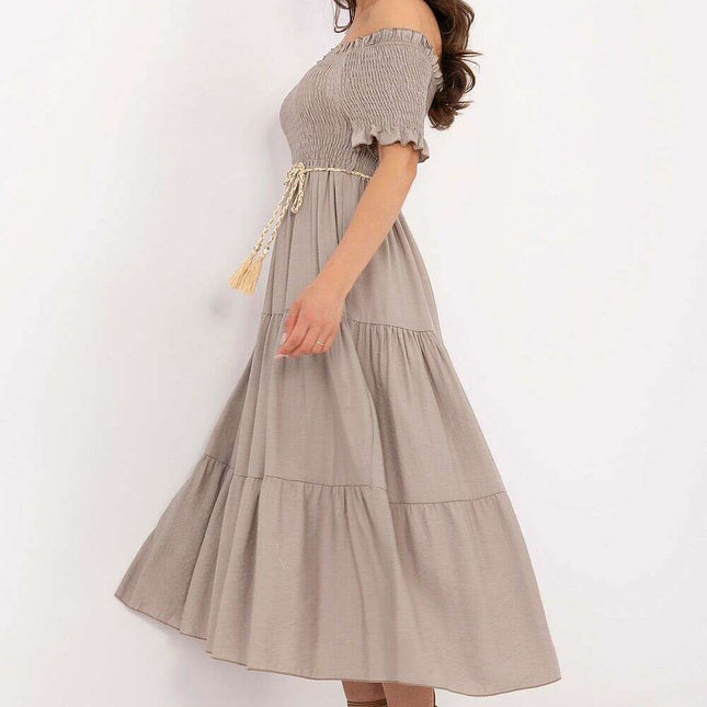Beige Daydress 215182 Midi Flared Silhouette Breathable