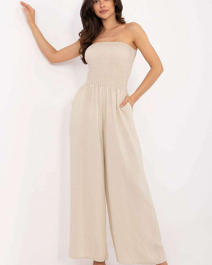 Beige Jumpsuit With Spanish Neckline And Wide Legged