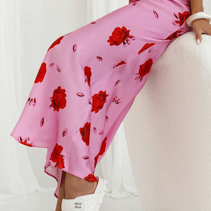 Pink Bias Cut Long Skirt With Elastic Waist Shimmer Print