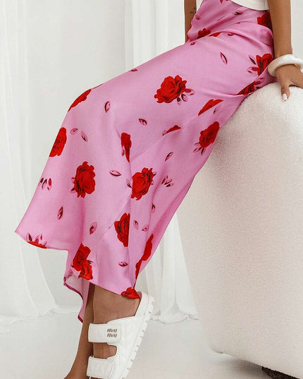 Pink Bias Cut Long Skirt With Elastic Waist Shimmer Print