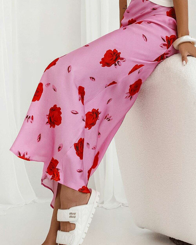 Pink Bias Cut Long Skirt With Elastic Waist Shimmer Print