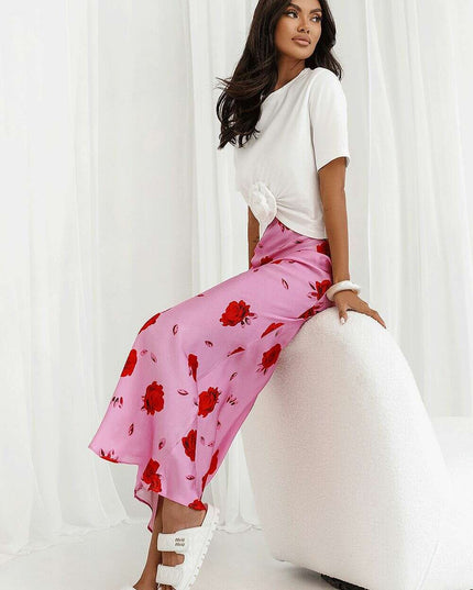 Pink Bias Cut Long Skirt With Elastic Waist Shimmer Print
