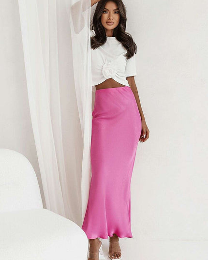 Long Pink Viscose Bias Cut Skirt With Elastic Waistband