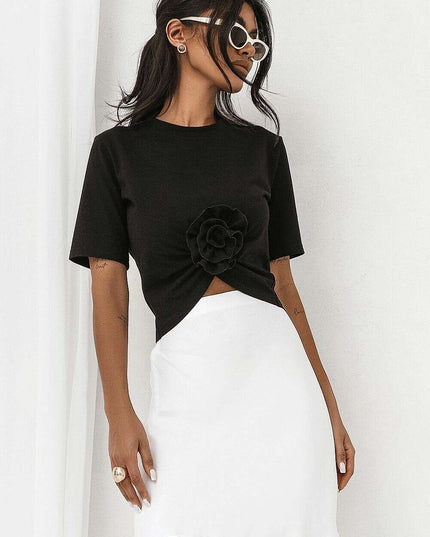 Black Cotton Blouse With Front Ruching And Detachable Rose