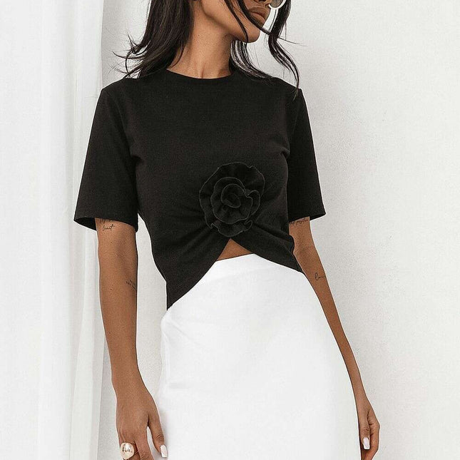 Black Cotton Blouse With Front Ruching And Detachable Rose