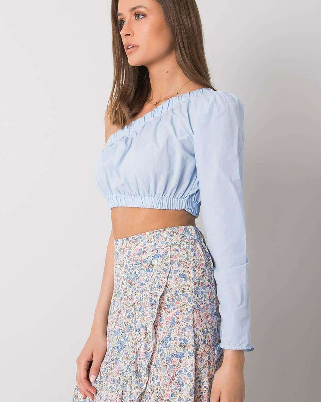 Blue Blouse With Asymmetrical Neckline And Elastic Band