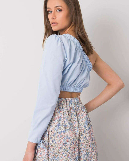 Blue Blouse With Asymmetrical Neckline And Elastic Band