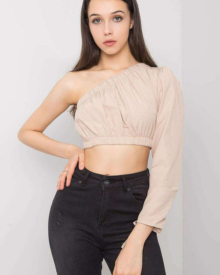 Beige One Sleeve Cotton Blouse With Asymmetrical Neckline