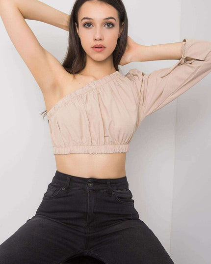 Beige One Sleeve Cotton Blouse With Asymmetrical Neckline