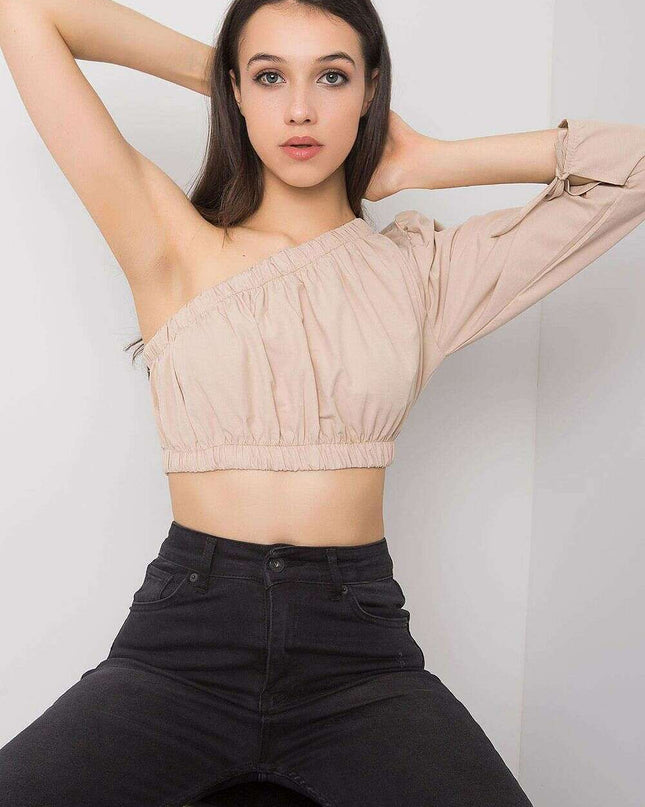 Beige One Sleeve Cotton Blouse With Asymmetrical Neckline
