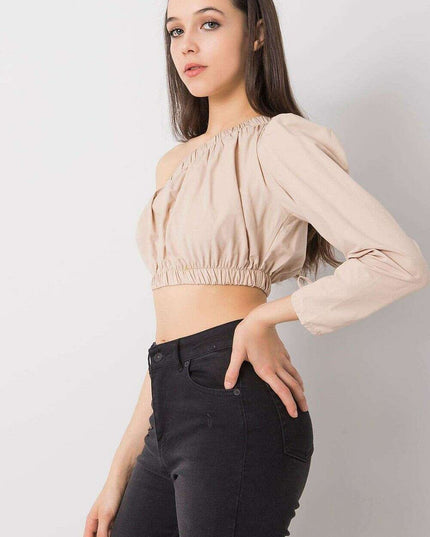 Beige One Sleeve Cotton Blouse With Asymmetrical Neckline