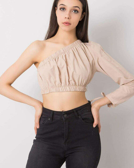 Beige One Sleeve Cotton Blouse With Asymmetrical Neckline
