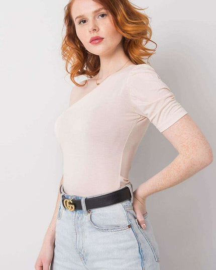 Beige One Sleeve Blouse With Asymmetrical Neckline Chic