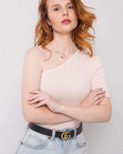 Beige One Sleeve Blouse With Asymmetrical Neckline Chic